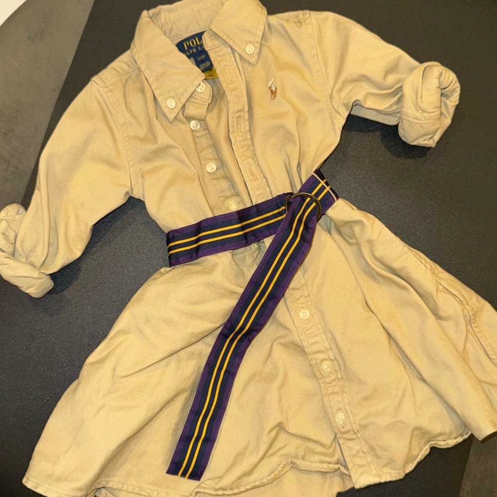 Polo Ralph Lauren Tan Shirt Dress with Purple Belt